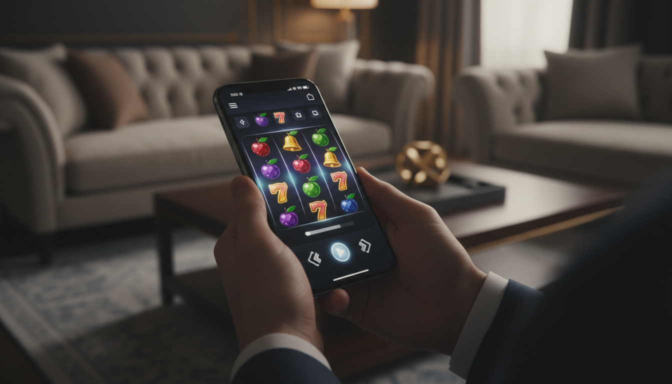 Player enjoying an online casino on a smartphone in a sleek modern setting